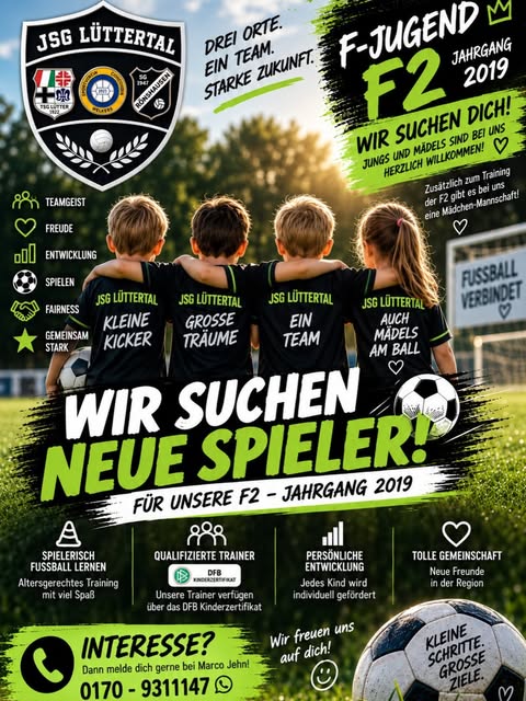 Plakat der JSG Lüttertal: Wir suchen neue Spieler für unsere F2, Jahrgang 2019